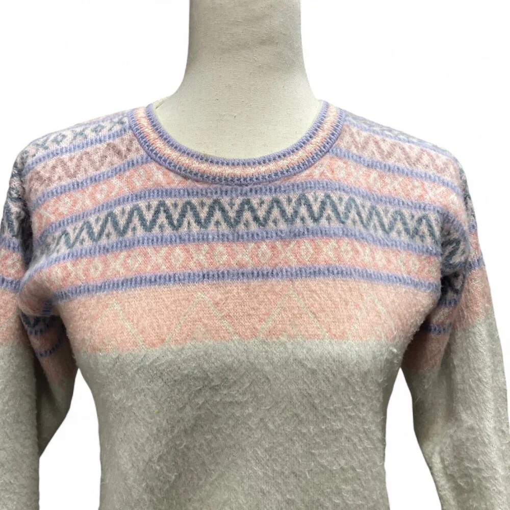 Aprés Style Preppy Pink Puprple Wool Blend Fair Isle‎ Sweater